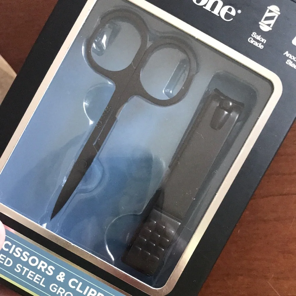New BROOKSTONE Scissors & Nail Clippers Set *Black Coated Anodized Steel*